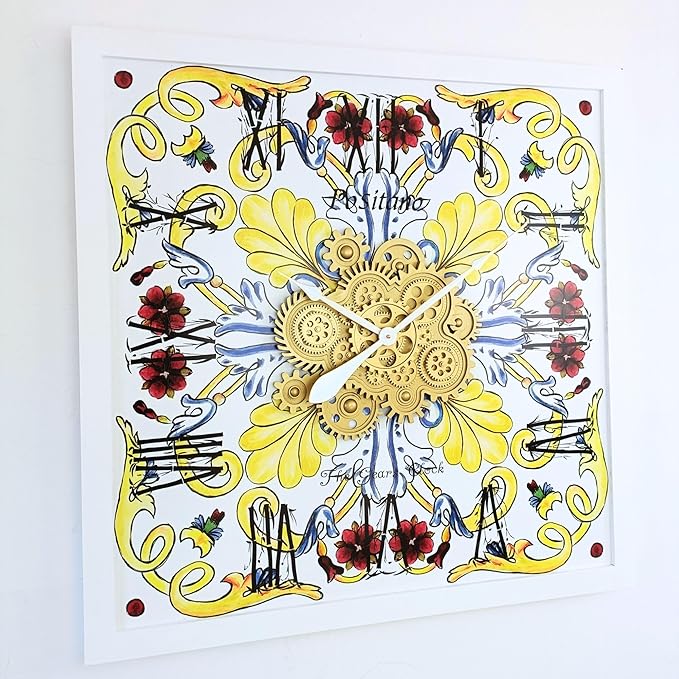 The Gears Clock Wall Clock Italy Collection with Moving Gears (Positano, 36 inch Square)