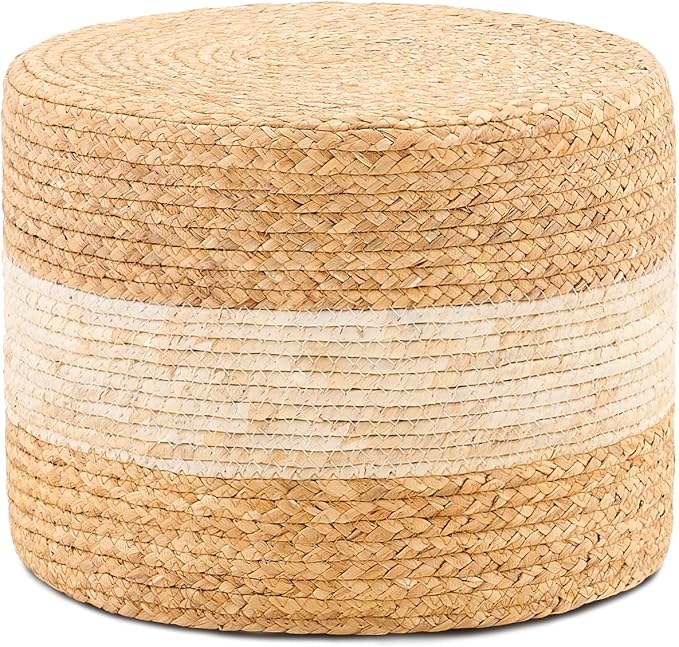 Handwoven Water Hyacinth Ottoman Pouf, Round Outdoor Footstool with Sturdy Frame, No Assembly Needed, Boho Accent Stool for Indoor & Outdoor Use – Patio, Balcony, Living Room (White)