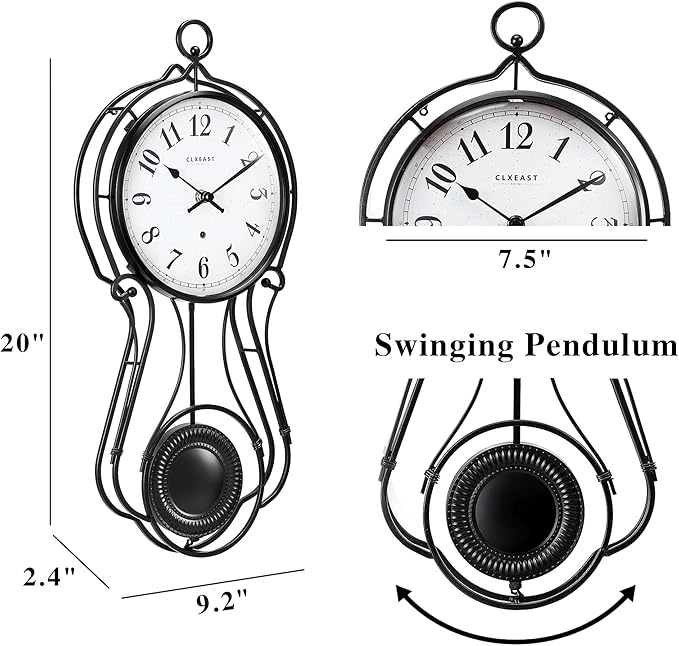 CLXEAST 20 Inch Black Metal Pendulum Wall Clock, Large Schoolhouse Regulator Wall Clocks for Living Room Decor,House Warming Gifts New Home,Gifts for Women