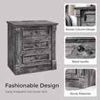 26" Tall Farmhouse Nightstand, 3 Drawers End Table w/Charging Station, 23.6" Wide Large Side Table w/Roman Column, Wood Rustic Sofa Table for Bedroom, Light Gray