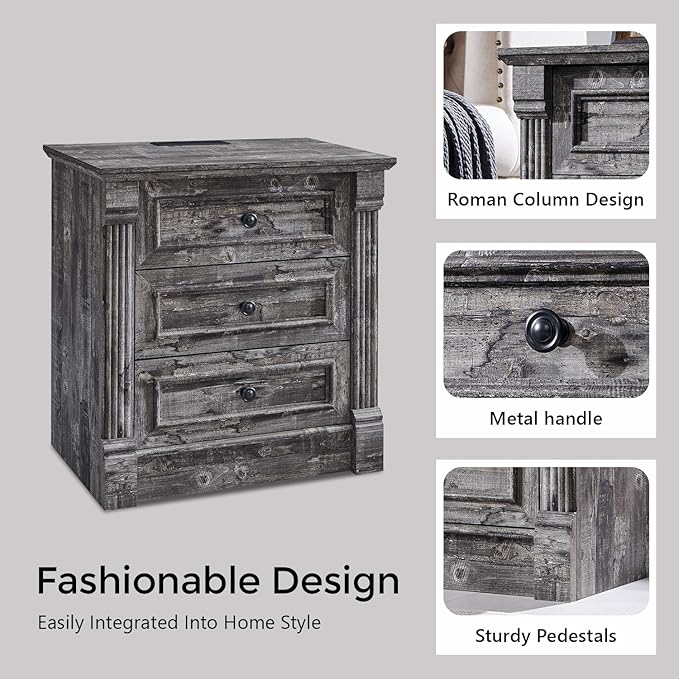 26" Tall Farmhouse Nightstand, 3 Drawers End Table w/Charging Station, 23.6" Wide Large Side Table w/Roman Column, Wood Rustic Sofa Table for Bedroom, Light Gray