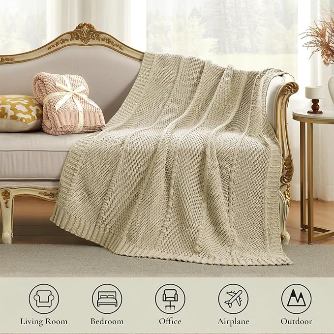 Amélie Home Chenille Knit Throw Blanket for Couch, Chevron Texture Decorative Soft Blanket for Sofa, Bed & Chair, 60"x80", Beige