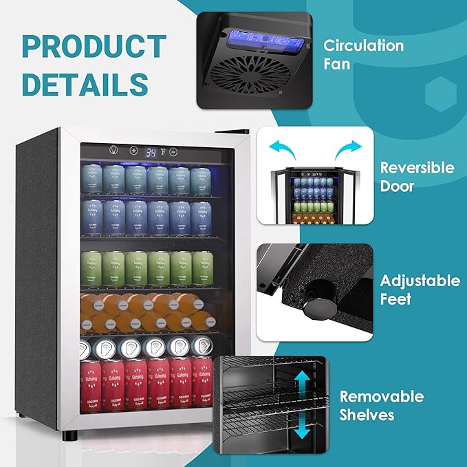 EUHOMY 4.5 Cu.ft Beverage Refrigerator and Cooler, 145 Can Mini fridge with Glass Door for Soda Beer Wine, Small Drink Dispenser with Digital Adjustable Thermostat for Home Office Bar