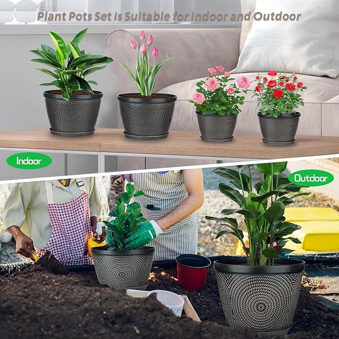 Quarut 4 Pack 8 Inch Flower Pots for Outdoor Indoor, Plastic Plant Pots with Drainage Hole & Saucer, Lightweight Small Flower Pot, Circle Pattern Planters for Garden House planters（Black Copper）