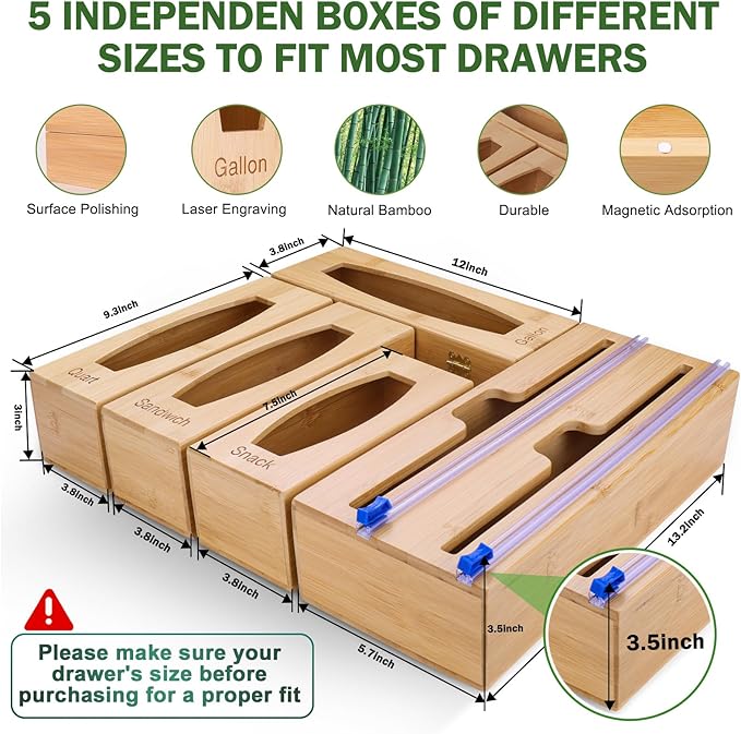 Individual Storage Bag Organizer for Kitchen Drawer, Bamboo with Foil and Plastic Wrap Organizer for Kitchen Organizers and Storage, for Gallon, Quart, Sandwich, Snack
