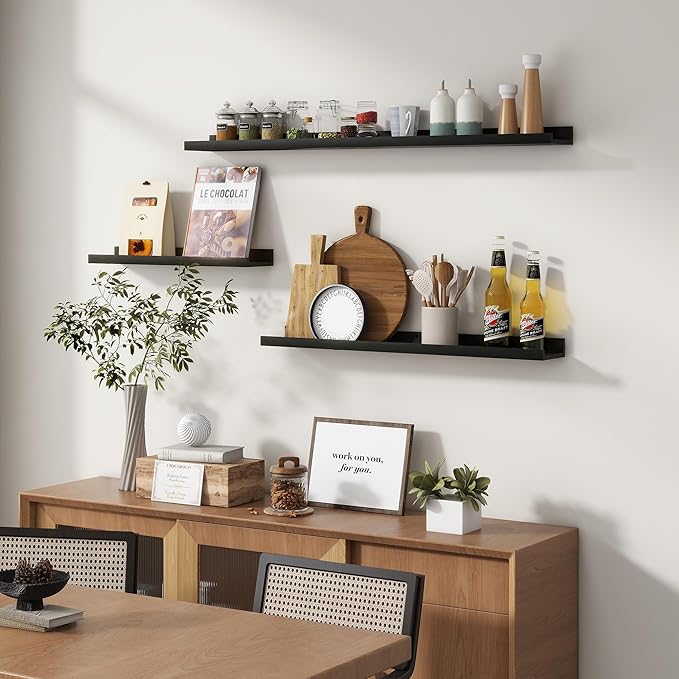Picture Ledge Wall Shelves 48 inches Width Set of 3, Solid Pine Wood Rustic Floating Ledge Shelves for Wall for Kids' Room Bedroom Kitchen Bathroom Long Floating Shelves for Wall Decor, Black