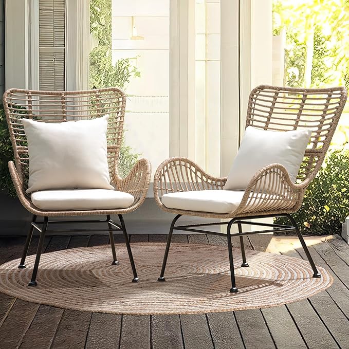 IDZO Isabelle Upgraded 2000 Hours UV Wicker Chairs Outdoor Set of 2, 500 lbs Capacity Outdoor Patio Chair, All-Weather Club Chair with Water-Resistant Olefin Cushions, Boho Style, Beige