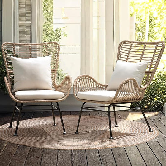 IDZO Isabelle Upgraded 2000 Hours UV Wicker Chairs Outdoor Set of 2, 500 lbs Capacity Outdoor Patio Chair, All-Weather Club Chair with Water-Resistant Olefin Cushions, Boho Style, Beige