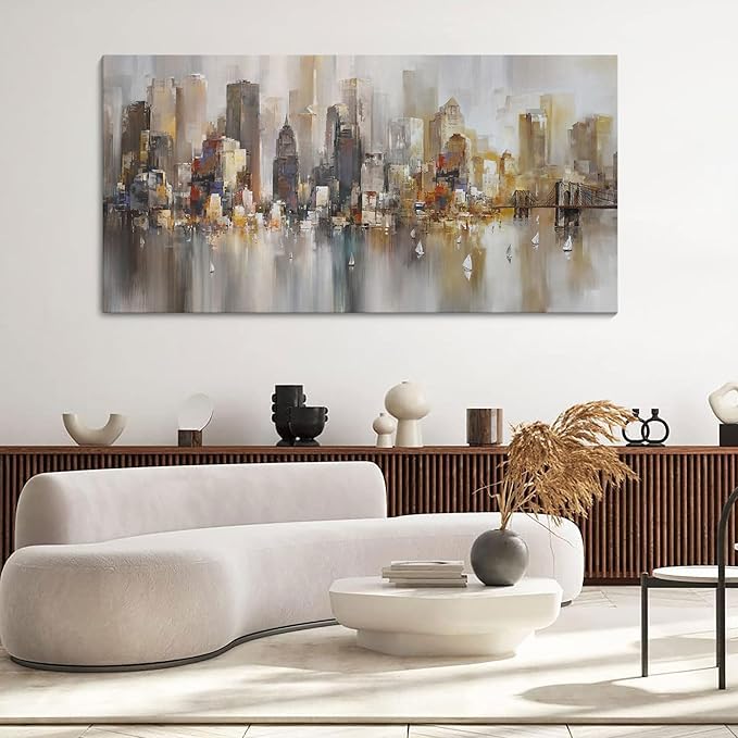 New York City Wall Art - Modern Abstract Wall Art for Living Room, Office & Bedroom Cityscape & Paintings for Bedroom brooklyn bridge Wall Art Pictures Wall Decor Chicago Artwork for Walls 24×48IN