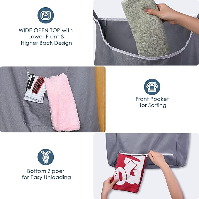 The Fine Living Co. X-Large Hanging Laundry Hamper with Over Door Hooks & Adhesive, Durable Space Saving Laundry Bag with Zipper and Wide Open Top,Hanging Dorm Laundry Hamper 20"x3.75"x31" (Gray-XL)