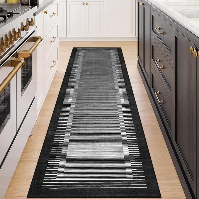 Wonnitar Striped Black Area Rugs 9x12 Living Room, Non-Slip Soft Berber Stripe Bedroom Rug, Low Pile Minimalist Floor Carpet for Dining Room Living Room Department (Black,9' x 12')