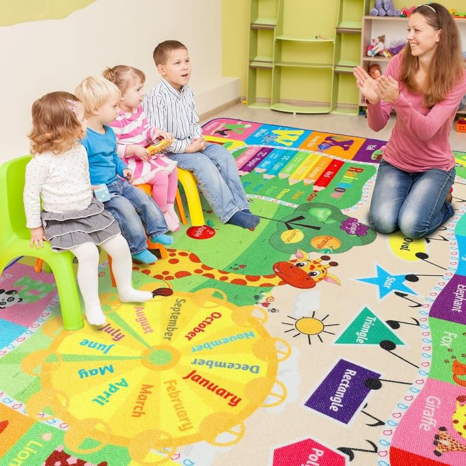 Kids Rugs for Playroom Washable, Educational and Fun Learning Rugs with ABC Alphabet Animals Shapes, Baby Toddler Children's Play Mat for Bedroom Classroom Nursery, 3x5 Feet