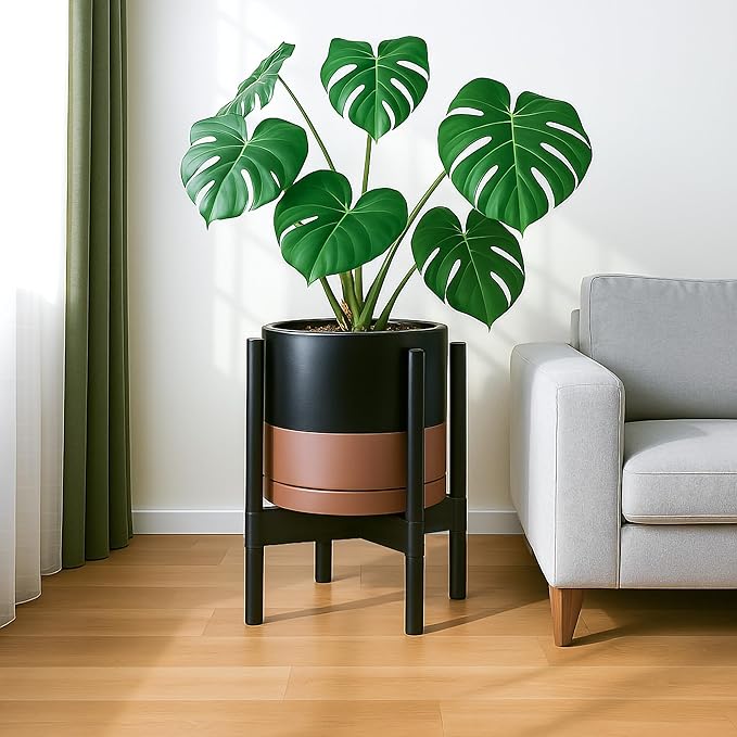 D'vine Dev Ceramic Planter with Ebony Stand - 12 Inch Modern Round Flower Pot with Wood Planter Holder, Black/Speckled Tan, 55-B-H-7