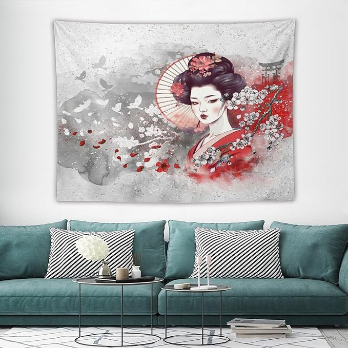 Japanese Geisha Tapestry Asian Red Cherry Blossom Traditional Kimono Folk Tapestries Home Decor for Living Room Bedroom Apartment Farmhouse Dorm 80"x60"