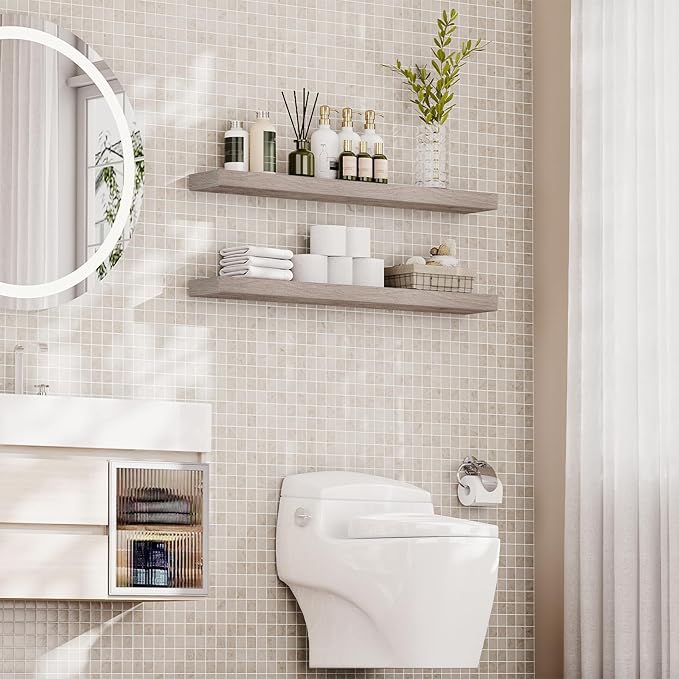 HOOBRO Floating Shelves for Wall, Wall Mounted Shelf Set of 2, 47.2" Hanging Shelf with Invisible Brackets, for Wall in Bathroom, Bedroom, Toilet, Kitchen, Living Room, Office, Greige BG120BJP201
