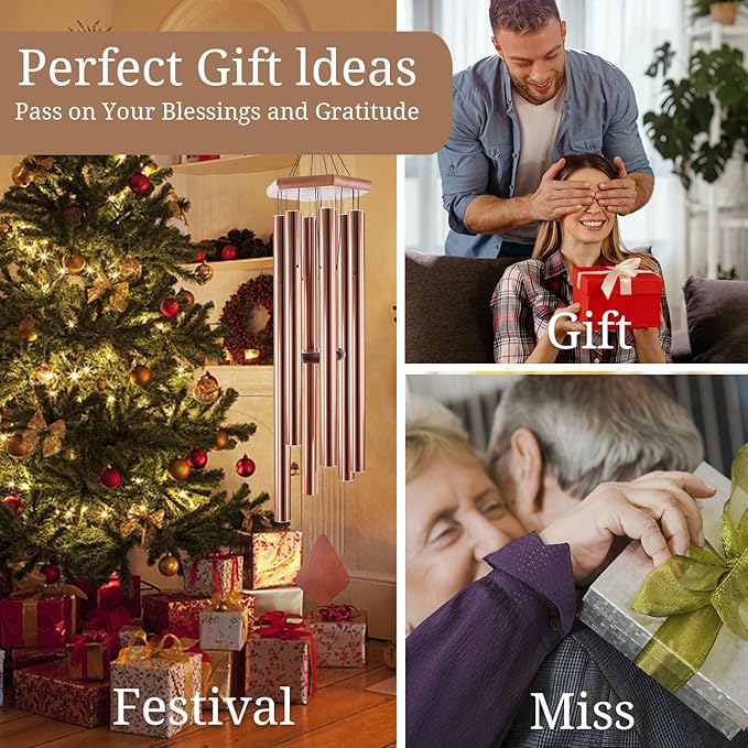 Wind Chimes Outdoor Large Deep Tone, 44 Inches Sympathy Wind Chimes Tuned Soothing Melody, Memorial Wind-Chime with 6 Heavy Tubes for Outside Decoration, Garden/Yard. Copper