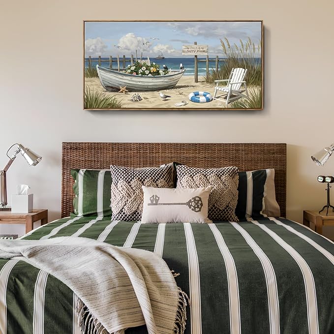 amatop Large Framed Wall Art for Living Room Nautical Beach Canvas Print Blue Flower Boat on Sandy Shore Ocean Seaside Landscape Coastal Artwork with Sea Birds Rustic Bedroom Office Home Decor 48×24 Inch