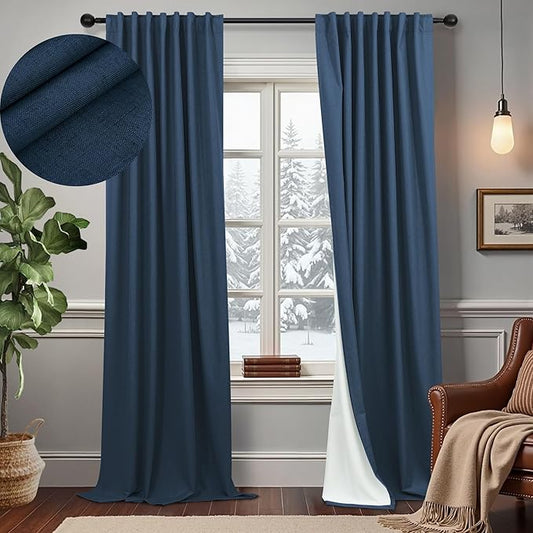 Navy Blue Curtains 102 Inches Long for Livingroom 2 Panels 100% Blackout Back Tab Pocket Cooling Sun Heat Light Blocking Linen Curtains for Bedroom Dining Room 8.5 FT Dark Blue Black Out Drapes Winter