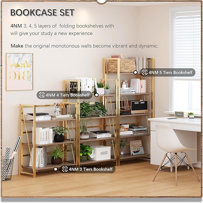 4NM No Assembly Foldable Bookshelf, 5-Shelf Collapsible Bookcase Storage for Small Spaces, 62.2" H, Brown and Golden