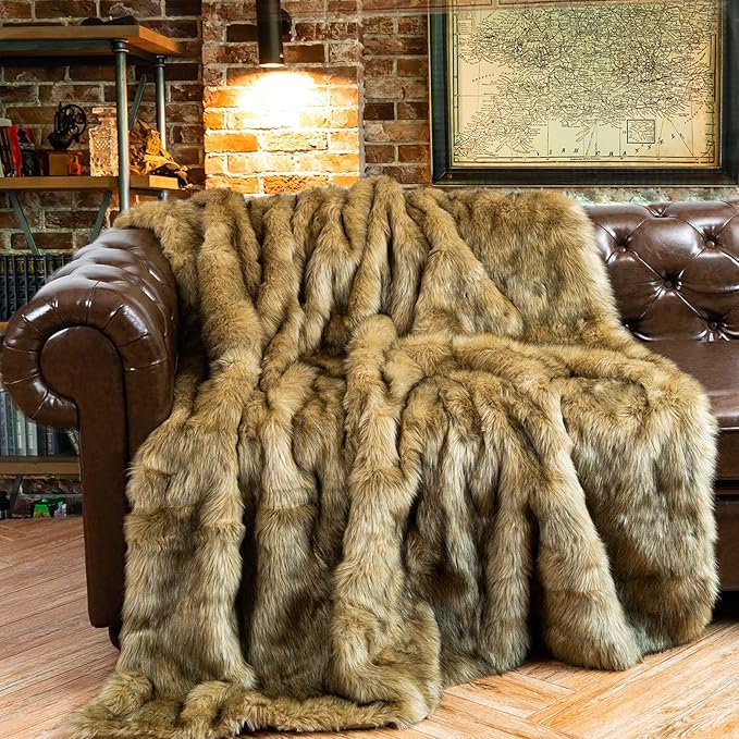 BATTILO HOME Golden Faux Fur Throw Blanket for Couch Sofa, Long Pile Fur Blankets and Throws, Elegant, Fluffy Thick Warm Heavyweight Fur Blanket Reversible to Plush Velvet, 50"x60"
