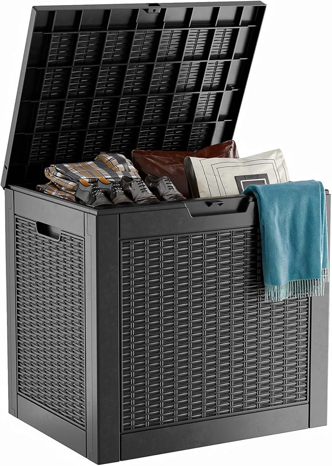 30 Gallon Resin Deck Box, Lockable Patio Outdoor Storage Box for Furniture, Garden Tools and Tools Storage, Waterproof Outside Storage Boxes - Black