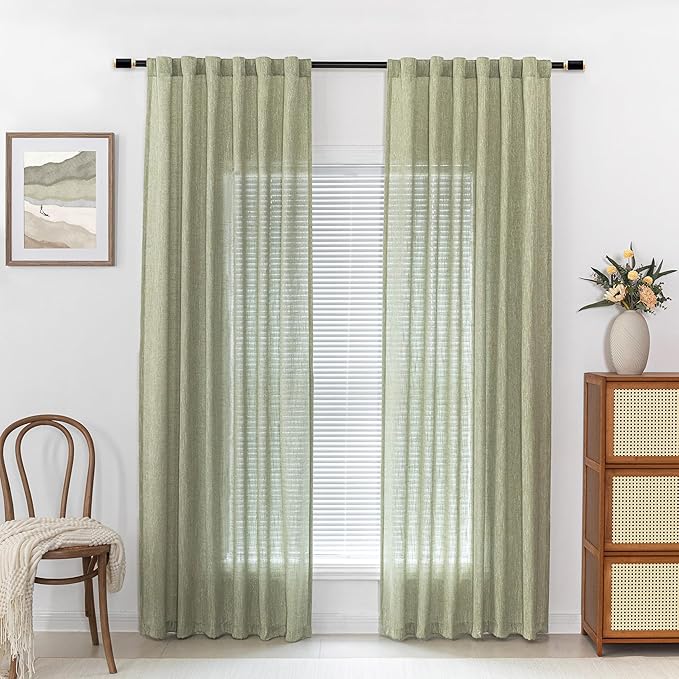 MYSKY HOME Patio Sage Curtains for Sliding Door, Living Room Curtains & Drapes Soft Farmhouse Window Treatments 90 inch Length 2 Panels Set Linen Look Semi Sheer Draperies, 50" W x 90" L, Sage Green