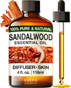 Kukka Sandalwood Essential Oil for Diffuser & Skin - 4 Fl Oz - 100% Pure Natural Sandalwood Oil, Woody Scent, for Massage, Perfume, Hair, Aromatherapy, Candle & Soap Making Scent DIY