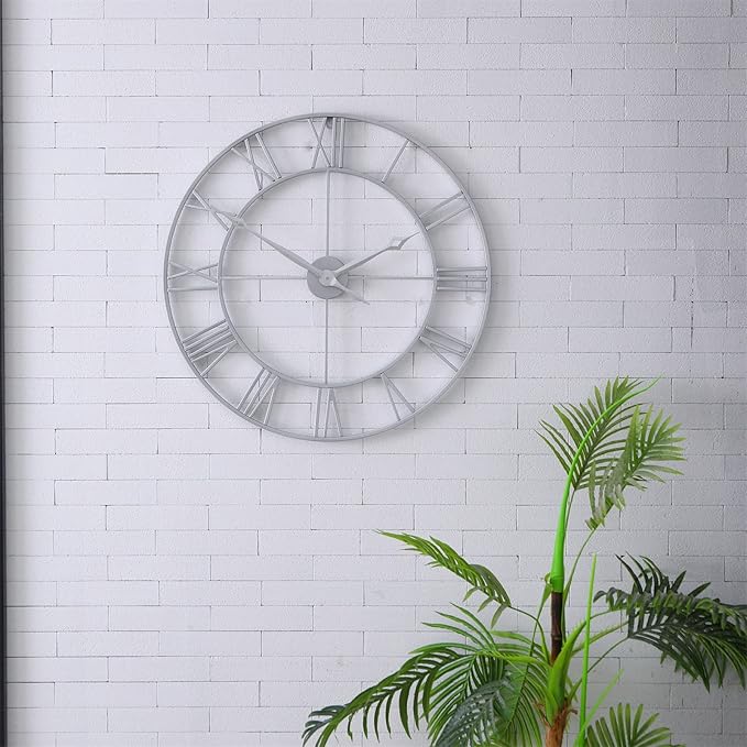 CLXEAST Large Modern 30 Inch Wall Clock Silver, Oversized Big Roman Numeral Metal Wall Clocks for Living Room Decor, Home Office