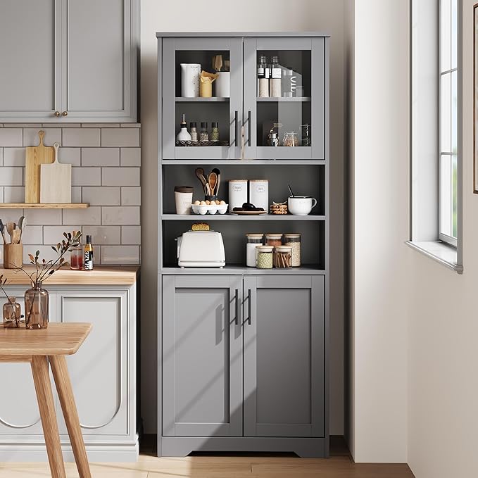 GarveeHome 67" Tall Storage Cabinet, Tall Bathroom Cabinet with Glass Doors and Adjustable Shelves, Freestanding Kitchen Pantry Cabinets, Cupboard for Living Room, Dining Room, Gray