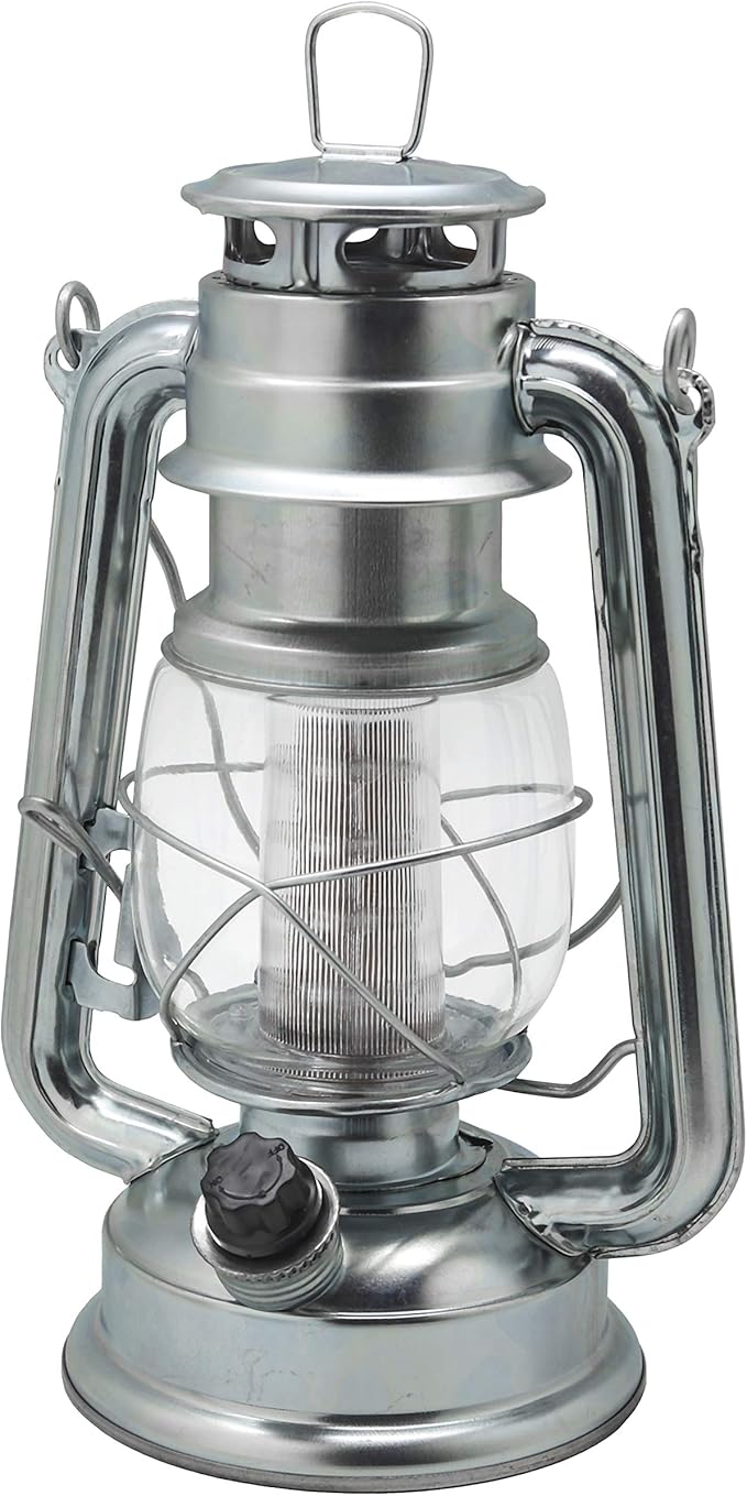 YAKii LED Vintage Lantern Metal Hanging Hurricane 12 LED Dimmer Switch Cold White Battery Operated Power Outage Indoor Camping Lighting Outdoor Brooklyn Decoration(Silver)