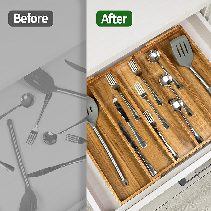 VaeFae Acacia Kitchen Silverware Organizer, Cutlery Drawer Organizer with 5 Compartments, Wooden Utensil Holder for Flatware and Cooking Tools