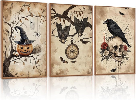 HLNIUC Vintage Halloween Decor Framed Gothic Skull Wall Art Set of 3(16”x24”) Floral Raven Crow Wall Decor,Horror Pumpkin Dark Academia Canvas Painting bats prints for Living Room Bedroom Goth Party
