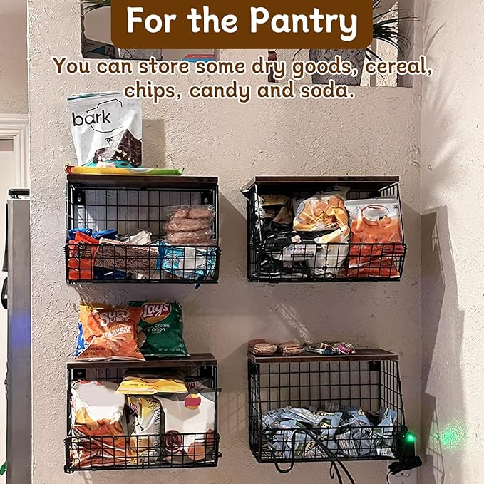 CYEAH 2 Pcs Stackable Fruit Basket for Kitchen, Hanging Wall Fruit Basket with Wood Lid, Space Saving Wall Mounted Mesh Metal Wire Baskets, Kitchen Counter Organizer for Snack, Onion, Potato Storage