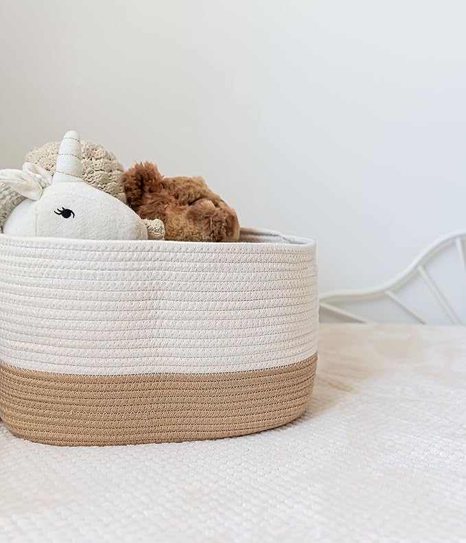 OrganiHaus Set of 3 Woven Storage Baskets for Organizing, Cotton Rope Organizer Bins for Shelves, Closet & Nursery, Dog Toy Basket, Decorative Bins for Toys, Towels & Books - 15x10x9, Honey/Off-White