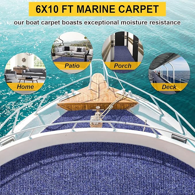 Marine Carpet,6 FT x 10 FT Deep Blue Indoor Outdoor Carpet 0.2" Thick Boat Carpet with Water-Proof TPE Backing, Non-Slide Outdoor Marine Carpet Roll for Home, Patio, Porch, Deck
