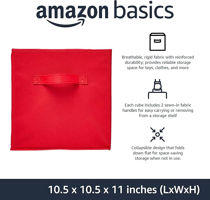 Amazon Basics Cube Organizer Storage Bins Handles, Collapsible Fabric, Pack of 6, 10.5"x10.5"x11", Red