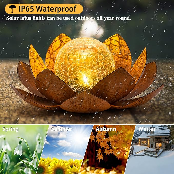 Solar Light Outdoor(2Pack), Art Crackle Globe Glass Lotus Decoration, Solar LED Waterproof Metal Flower Lights for Patio,Lawn,Walkway,Tabletop