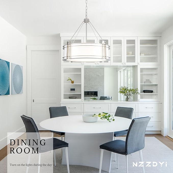 20.4''Drum Chandelier,5-Light Brushed Nickel Modern White Fabric Chandeliers,Farmhouse Round Pendant Light Fixture for Dining Room Kitchen Island Living Room Bedroom Hallway