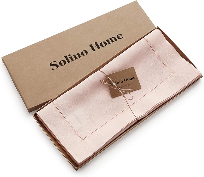 Solino Home Linen Pink Table Runner 48 Inches - Classic Hemstitch, 100% Pure Linen Coffee Table Runner 14 x 48 Inch Ideal for Dresser Tables - Halloween
