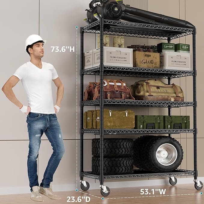IZEUK Garage Shelving Wide Storage Shelves 5 Tier Metal Shelves 4000 LBS Heavy Duty Adjustable Utility Shelf Rack Black 23.6" D x 53.1" W x 73.6" H