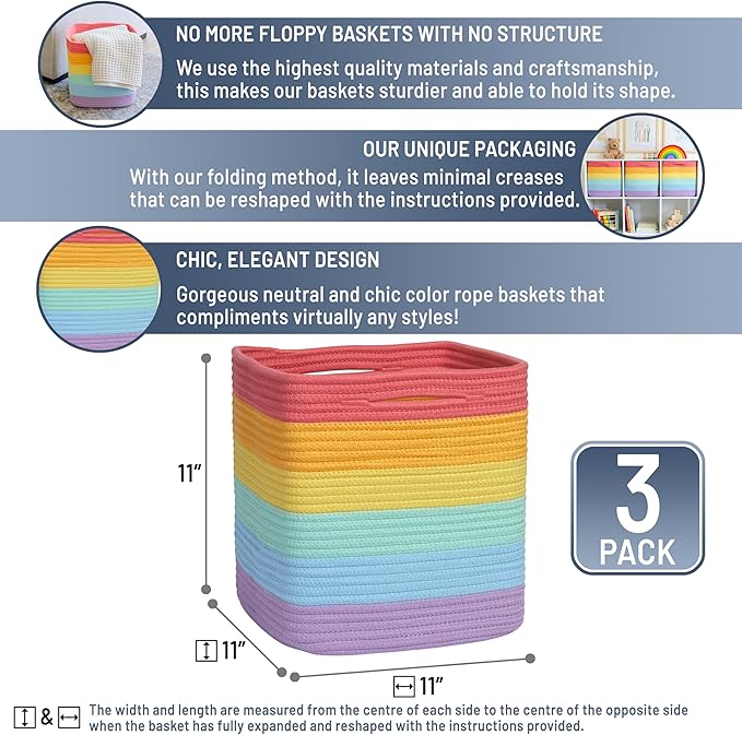 NaturalCozy Storage Cubes 11 Inch Cotton Rope Woven Baskets for Organizing, 3-Pack | Cube Storage Bin | Square Storage Baskets for Shelves Organizer, Classroom, Kids Toy Bins, Closet, Baby Nursery