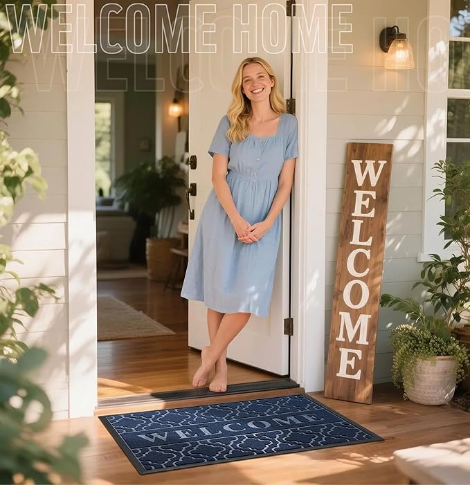 Yimobra Welcome Mat Outdoor Indoor, All-Season Waterproof Front Door Mat Outside Entrance, All-Weather Heavy Duty Non-Slip Doormat, Low Profile Porch Patio Entrance Mats, 36x24, Blue