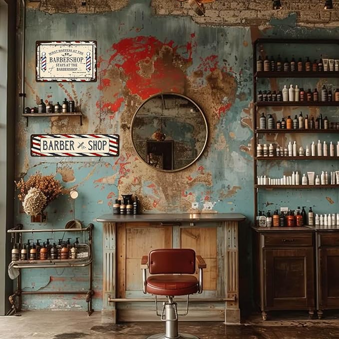 Barber Shop Decor Accessories - Vintage Barbershop Metal Tin Signs Haircut Wall Art Posters Gifts for Men Decorations - What Happens At The Barbershop Stays At The Barbershop Sign 8x12 Inch