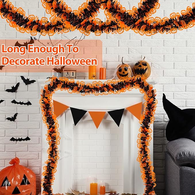 TURNMEON 2 Pack Halloween Garland Total 66 Ft Halloween Tinsel Garland with Black Orange Pumpkin Metallic Twist Black Tinsel Garlands Outdoor Halloweens Decorations Indoor for Home Mantle Door Tree