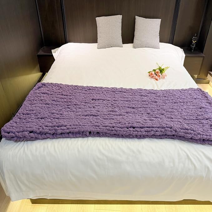 Chunky Knit Blanket Throw 40"×40", Chenille Throw Blankets, Handmade Warm & Cozy Blanket Couch Bed Home Decor, Soft Breathable Fleece Banket, Christmas for Couch Bed Sofa Best Gift (Purple)