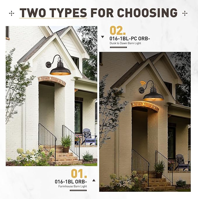 zeyu 2 Pack Outdoor Barn Light Fixtures, Farmhouse Gooseneck Wall Lights for Front Porch, 18" Dusk to Dawn Sensor Wall Sconces in Oil Rubbed Bronze Finish, 016-1BL-PC-2 ORB