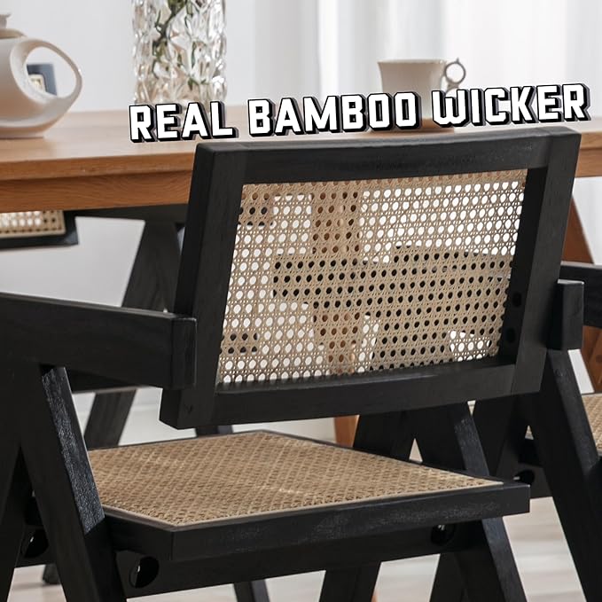 Rattan Dining Chairs Set of 2, Farmhouse Wicker Dining Chairs with Cane Seat Accent Armchair for Dining Room Kitchen Restaurant, Walnut