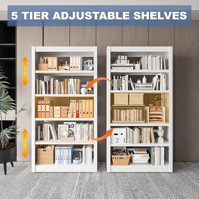 Metal Bookshelf Adjustable - 61" Tall White Bookcase, 5 Tier Book Shelf, Tooless Assembly Book Case, Modern Bookshelves and Bookcases for Home Office, Living Room, Bedroom, Study, Library