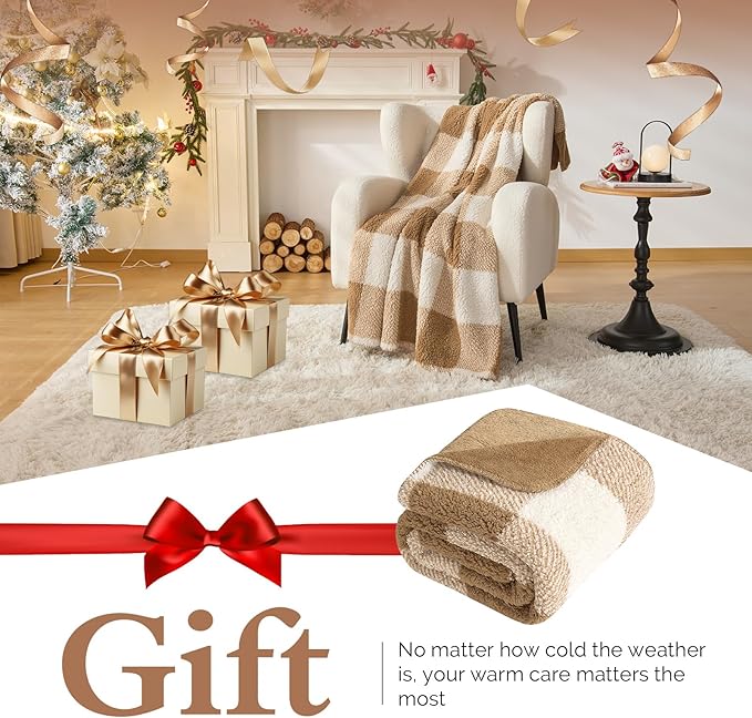LURKA Checkered Sherpa Fleece Twin-Size Bed Blanket - Extra Thick and Warm Winter Soft Fuzzy Plush Blanket for Couches, Beds & Pets, Brown, 60x80 Inches