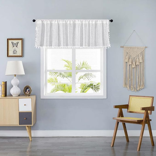 Sutuo Home Boho Sheer Curtain Valance Crochet Lace with Bohemian Hollow Knitted Handmade Tassels, Short Farmhouse Window Treatment for Kitchen Cafe, Rod Pocket, 1 Panel 59" W x 24" L, White